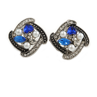 Marcasite Square Blue/ Clear Crystal, White Faux Peal Clip On Earrings In Antique Silver Tone - 20mm L - main view