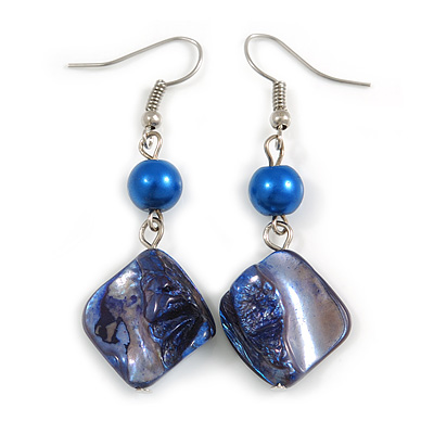 Blue Shell Bead Drop Earrings In Silver Tone - 60mm Long - main view