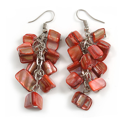 Red Shell Composite Cluster Dangle Earrings in Silver Tone - 70mm Long