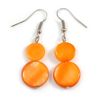 Orange Double Shell Drop Earrings In Silver Tone - 50mm Long - main view