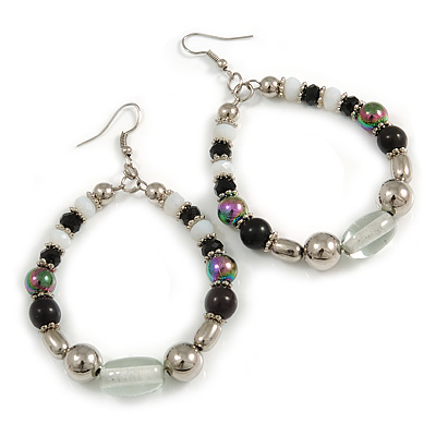 Black/ White/ Transparent Ceramic/ Glass Bead Hoop Earrings In Silver Tone - 80mm Long