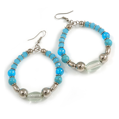 Light Blue/ Turquoise/ Transparent Ceramic/ Glass Bead Hoop Earrings In Silver Tone - 80mm Long