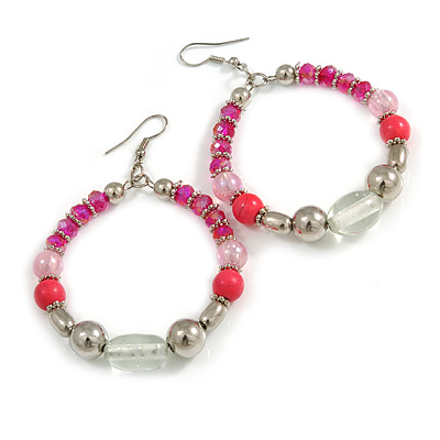 Fuchsia/ Pink/ Transparent Ceramic/ Glass Bead Hoop Earrings In Silver Tone - 80mm Long - main view