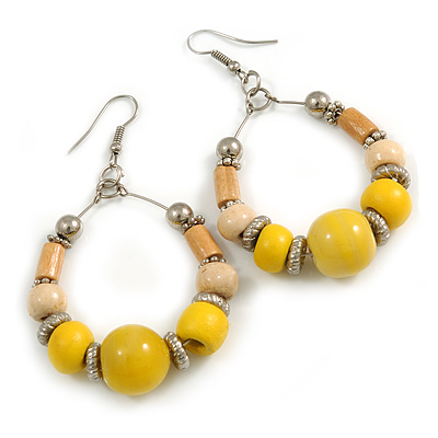 Lemon Yellow Ceramic/ Natural Wood Bead Hoop Earrings In Silver Tone - 70mm Long