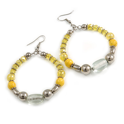 Lemon Yellow/ Silver/ Transparent Ceramic/ Glass Bead Hoop Earrings In Silver Tone - 80mm Long