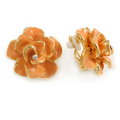 Pastel Orange Enamel Rose Flower Clip On Earrings In Gold Tone - 23mm Diameter - main view