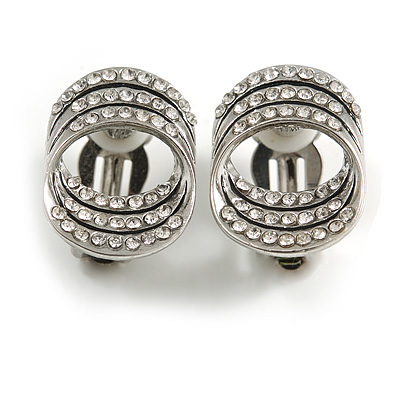 Trendy Triple Circle Clear Crystal Clip On Earrings In Silver Tone - 20mm Tall