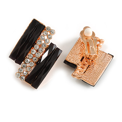 Black Glass, Clear Crystal Geometric Clip On Earrings in Rose Gold - 25mm Tall