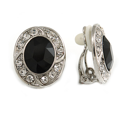 Black/ Clear Crystal Oval Clip On Earrings In Silver Tone - 17mm Tall - main view