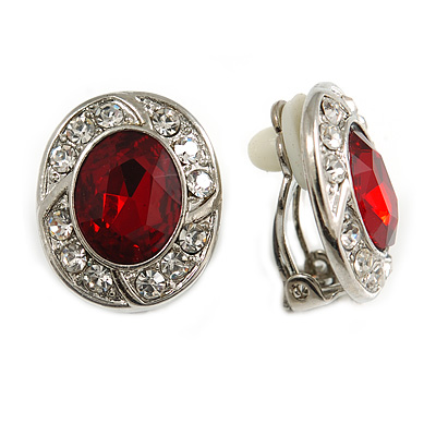Ruby Red/ Clear Crystal Oval Clip On Earrings In Silver Tone - 17mm Tall - main view