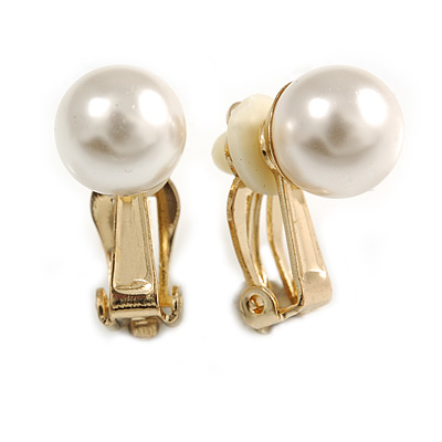 10mm D Classic Faux Pearl Clip On Earrings In Gold Tone