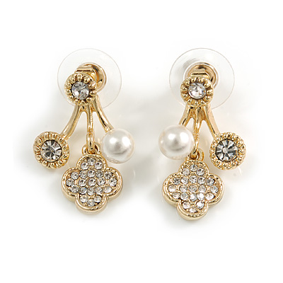 Gold Tone Clear Crystal White Faux Pearl Front Back Stud Earrings - 25mm Drop