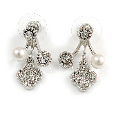 Silver Tone Clear Crystal White Faux Pearl Front Back Stud Earrings - 25mm Drop - main view