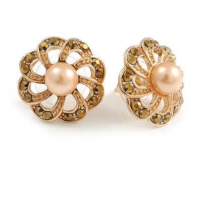 Bronze Crystal Cream Faux Pearl Flower Stud Earrings In Gold Tone - 18mm D - main view
