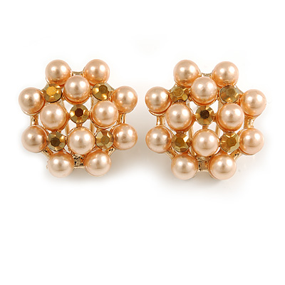 Peach Cream Faux Pearl Bronze Crystal Round Stud Earrings In Gold Tone - 22mm Diameter - main view