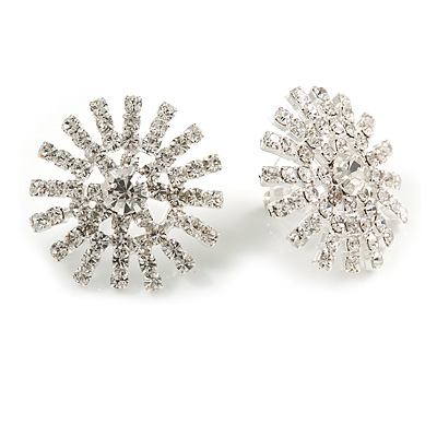 Christmas Clear Crystal Snowflake Stud Earrings In Silver Tone - 25mm Diameter