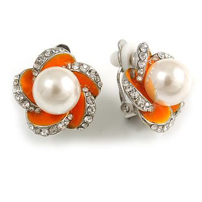 Silver Tone, Orange Enamel, Clear Crystal Simulated Glass Pearl Flower Clip On Earrings - 20mm D