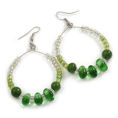 Green/ Transparent Ceramic/ Glass Bead Hoop Earrings In Silver Tone - 70mm Long - main view