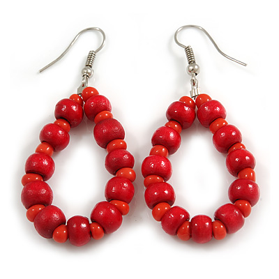 Red Wood and Glass Bead Oval Drop Earrings In Silver Tone - 55mm Long