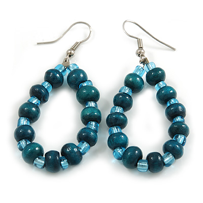 Teal Wood and Glass Bead Oval Drop Earrings In Silver Tone - 55mm Long