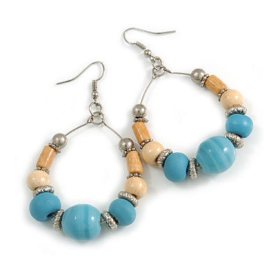 Light Blue Ceramic/ Natural Wood Bead Hoop Earrings In Silver Tone - 70mm Long - main view