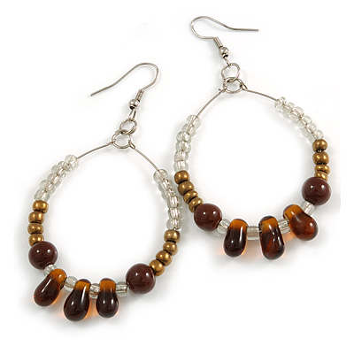Brown/ Bronze/ Transparent Ceramic/ Glass Bead Hoop Earrings In Silver Tone - 70mm Long - main view