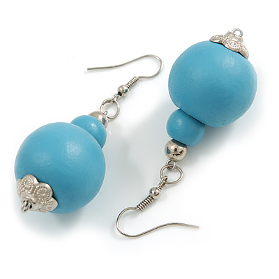 Pastel Blue Double Bead Wood Drop Earrings In Silver Tone - 60mm Long
