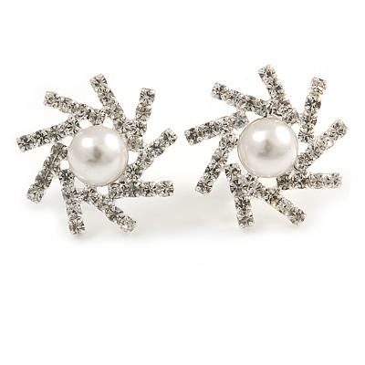 Clear Crystal Faux Pearl Snowflake Stud Earrings In Silver Tone - 20mm Diameter