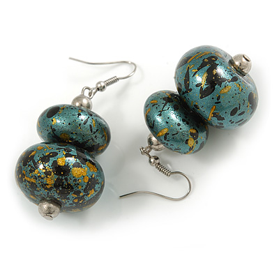 Teal/ Black/ Gold Double Bead Wood Drop Earrings In Silver Tone - 55mm Long - main view