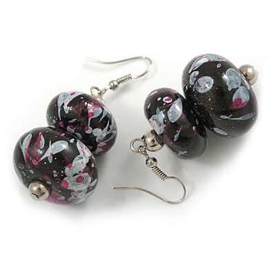 Abstract Pattern in Black/ White/ Pink Double Bead Wood Drop Earrings with Silver Tone Closure - 55mm Long - main view