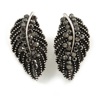Marcasite Hematite Crystal Leaf Textured Clip On Earrings In Aged Silver Tone - 30mm Tall