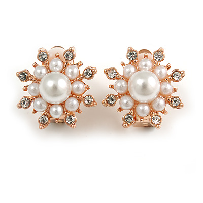 Clear Crystal Faux Pearl Snowflake Clip On Earrings In Gold Tone - 17mm Diameter