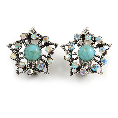 Vintage Inspired AB Crystal Turquoise Stone Floral Clip On Earring in Aged Silver Tone - 23mm D