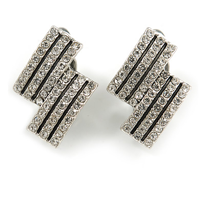 Clear Crystal Geometric Clip On Earrings in Silver Tone - 23mm Tall