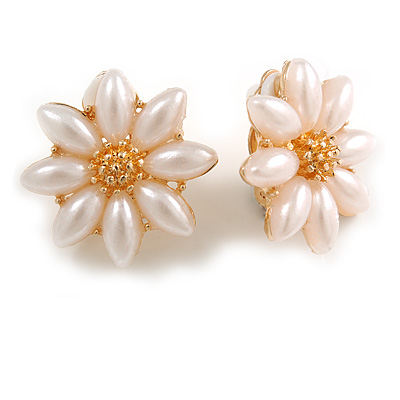 Romantic Faux Pearl Daisy Clip On Earrings In Gold Tone - 25mm Diameter