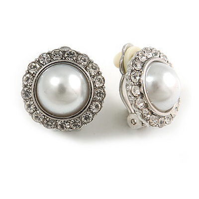 Classic Faux Pearl Clear Crystal Dome Shape Clip On Earrings In Silver Tone - 15mm Diameter
