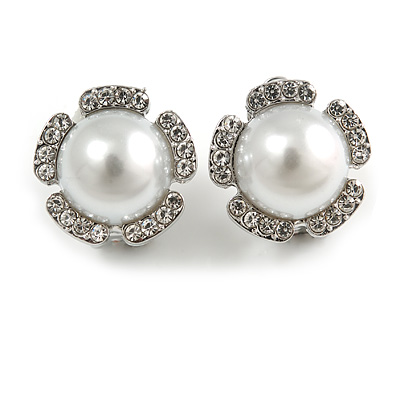 Faux Pearl Clear Crystals Flower Clip On Earrings In Silver Tone - 17mm Diameter - main view