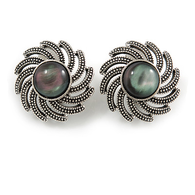 Vintage Inspired Cat Eye Stone Flower Clip On Earrings In Antique Silver Tone - 23mm D D - main view