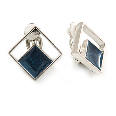 Square Blue Enamel Clip On Earrings In Aged Silver Tone - 15mm Tall