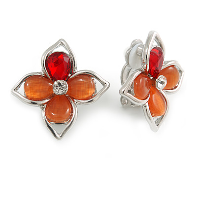Salmon/ Red Bead Floral Clip On Earrings In Silver Tone - 20mm Diameter