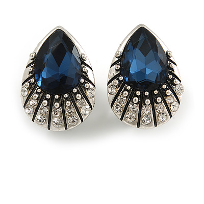 Midnight Blue/ Clear Crystal Teardrop Clip On Earrings In Silver Tone - 23mm Tall - main view