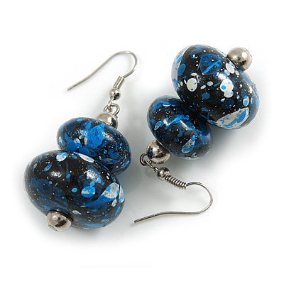 Blue/ Black/ White Double Bead Wood Drop Earrings In Silver Tone - 55mm Long - main view