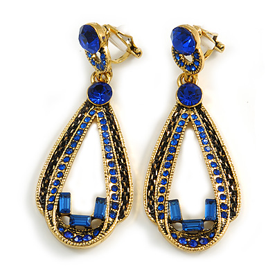 Vintage Inspired Long Sapphire Blue Crystal Loop Clip On Earrings In Antique Gold Tone - 60mm L