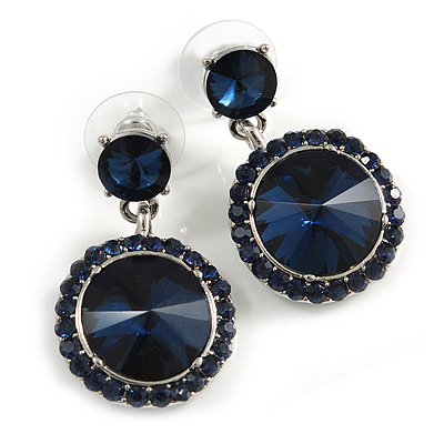 Dark Blue Crystal Round Drop Earrings In Rhodium Plating - 35mm Long