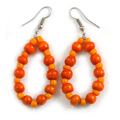 Orange Wood and Glass Bead Oval Drop Earrings In Silver Tone - 55mm Long