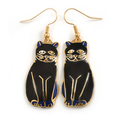 Black/ Blue Enamel Cat Drop Earrings In Gold Tone Metal - 50mm Long - main view