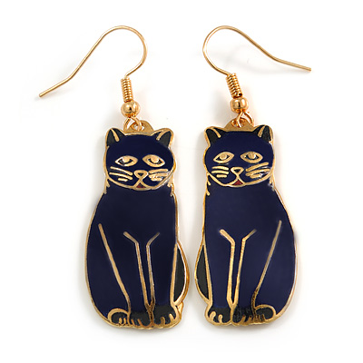Dark Blue Enamel Cat Drop Earrings In Gold Tone Metal - 50mm Long