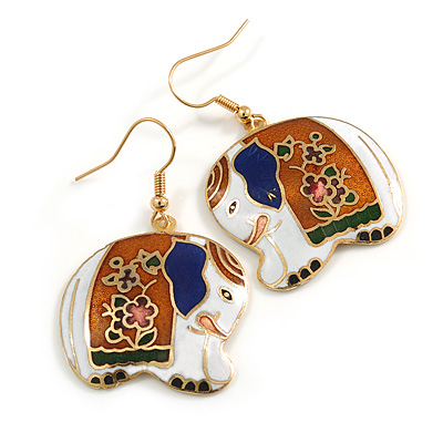 Multicoloured Enamel Elephant Drop Earrings In Gold Tone Metal - 45mm Long