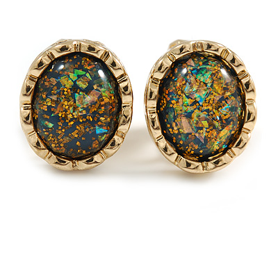 15mm Small Oval Peacock Effect Clip On Earrings In Gold Tone