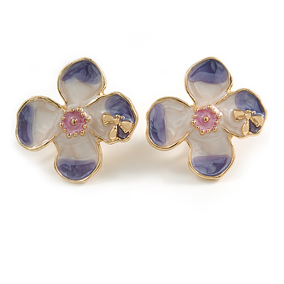 23mm Gold Tone Enamel Flower Clip On Earrings in Purple/ Pink/ White - main view